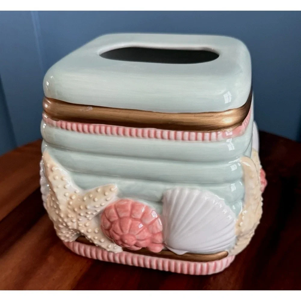 Vintage 80's Seashell Tissue Box Cover Sharry Holiday Coastal‎ Pastel Ceramic